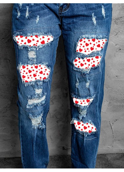 Women's Retro Distressed Heart Print Jeans