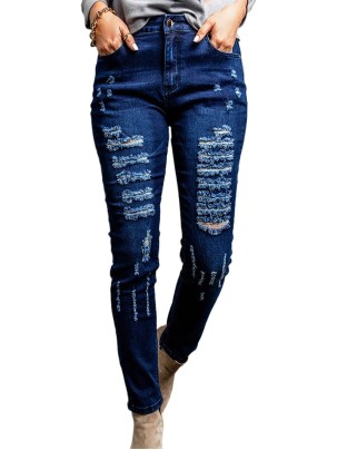 Women's ripped solid color pencil jeans