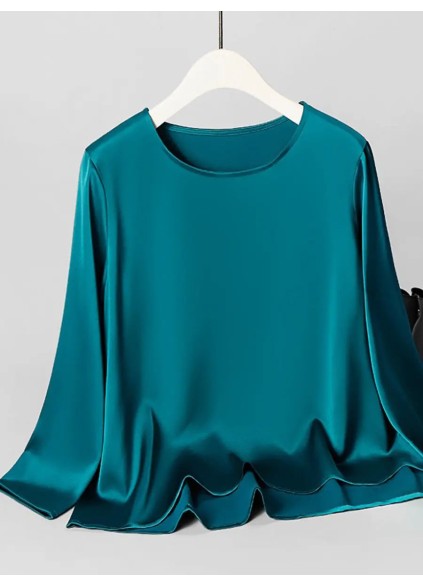 Women's round neck peacock green satin silky blouse