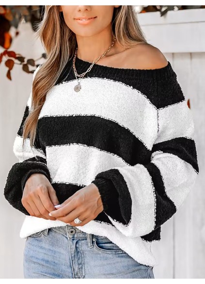 Women's Striped One Shoulder Plush Knitted Sweater