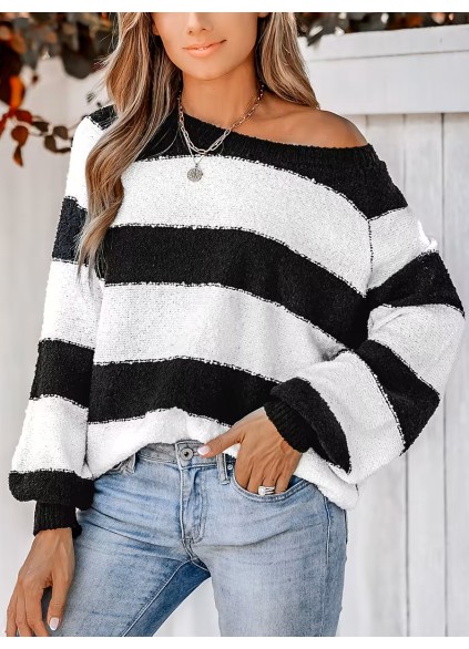 Women's Striped One Shoulder Plush Knitted Sweater