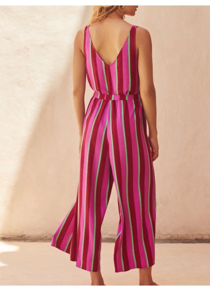 Women's V-neck striped printed holiday jumpsuit