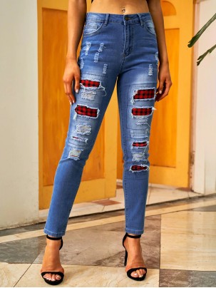 Women's vintage plaid patchwork jeans