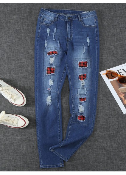 Women's vintage plaid patchwork jeans