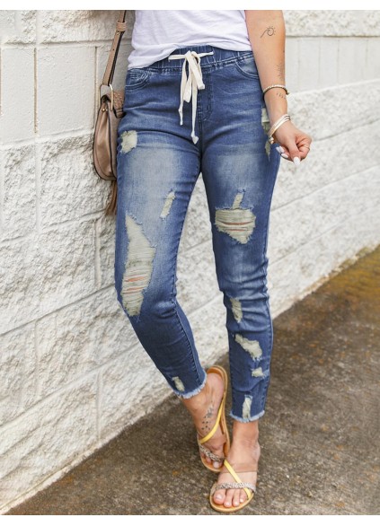 Women's vintage ripped drawstring jeans