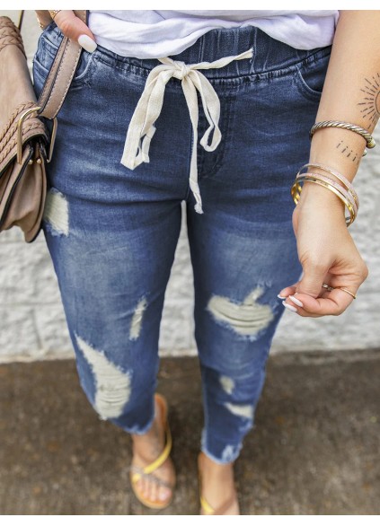 Women's vintage ripped drawstring jeans