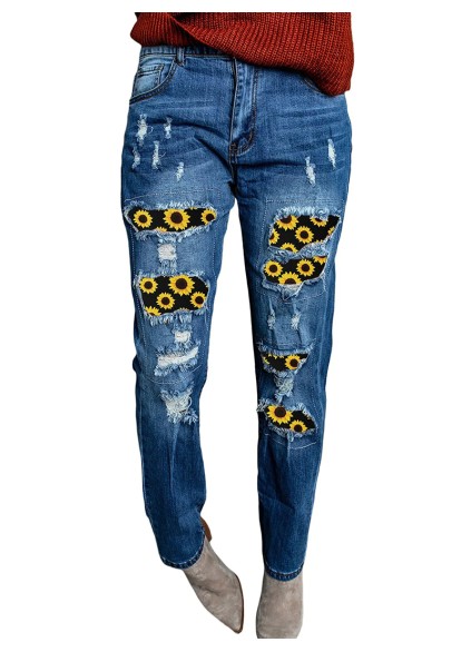 Women's Vintage Sunflower Print Patchwork Jeans