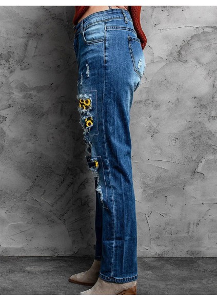 Women's Vintage Sunflower Print Patchwork Jeans