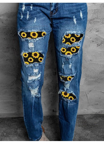 Women's Vintage Sunflower Print Patchwork Jeans