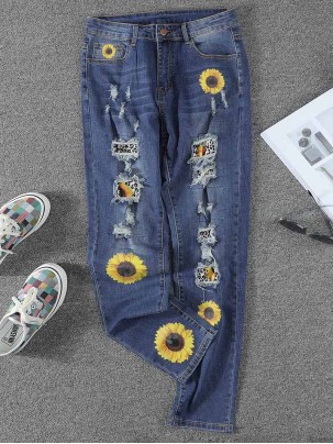 Women's vintage sunflower print patchwork ripped jeans