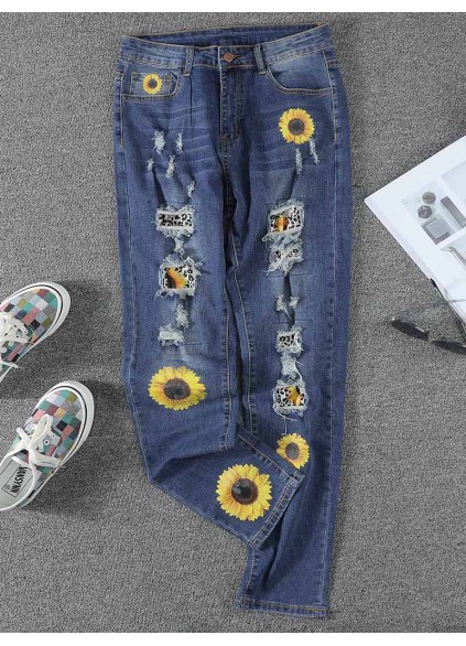 Women's vintage sunflower print patchwork ripped jeans