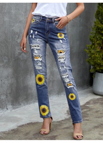 Women's vintage sunflower print patchwork ripped jeans