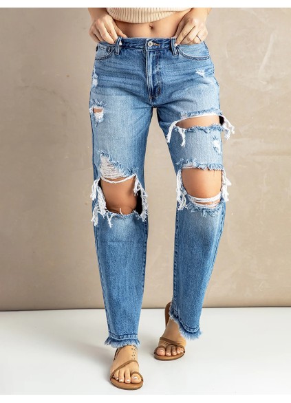 Women's washed ripped fringed jeans