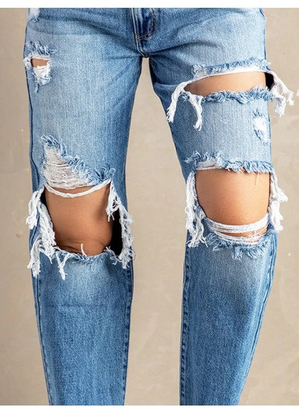 Women's washed ripped fringed jeans